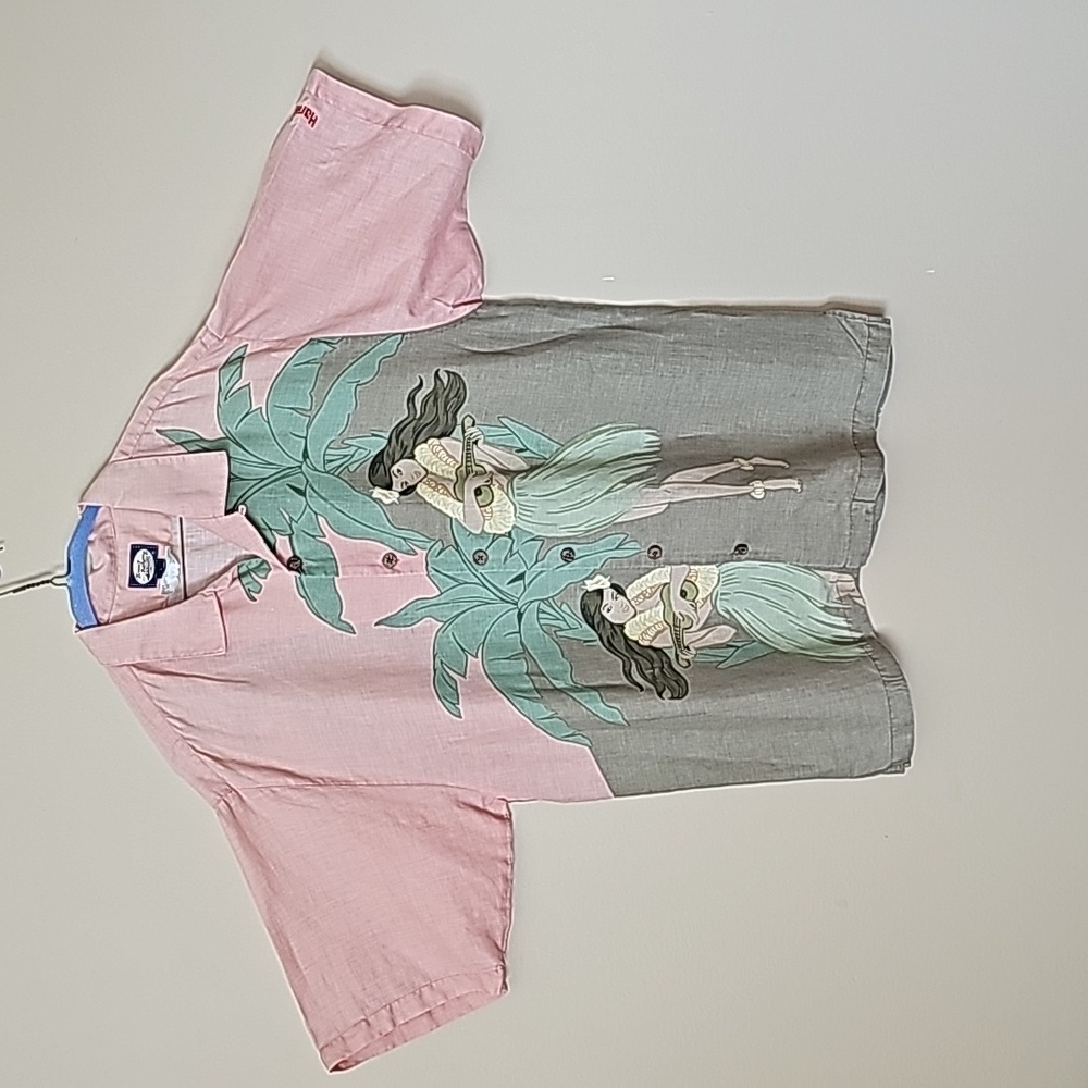 Tommy Bahama 90s Men's Vintage Hawaiian Hula Girl Ukelele 100% Linen Shirt Sz L